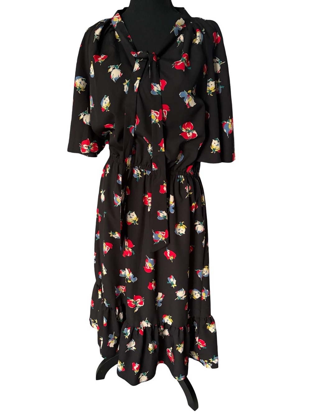 Lauren Ralph Lauren Black Floral Tie-Neck Midi Dress